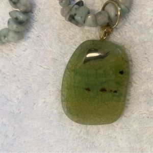 Agate necklace, beautiful greens and black,  12” length includes medallion,